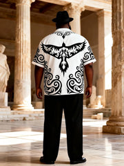 Big & Tall Men's Black And White Phoenix Totem Print Short Sleeve Shirt Pants Set