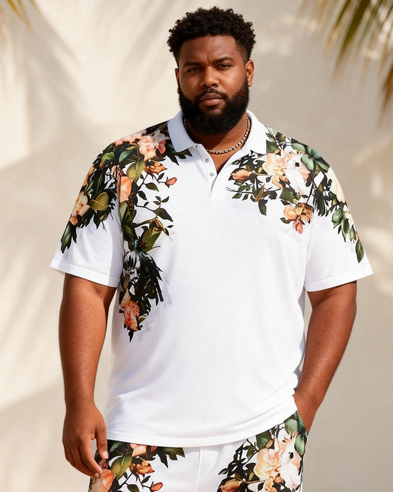 Big & Tall Men's White Bottom Rose Floral Print Short Sleeve Polo Shirt