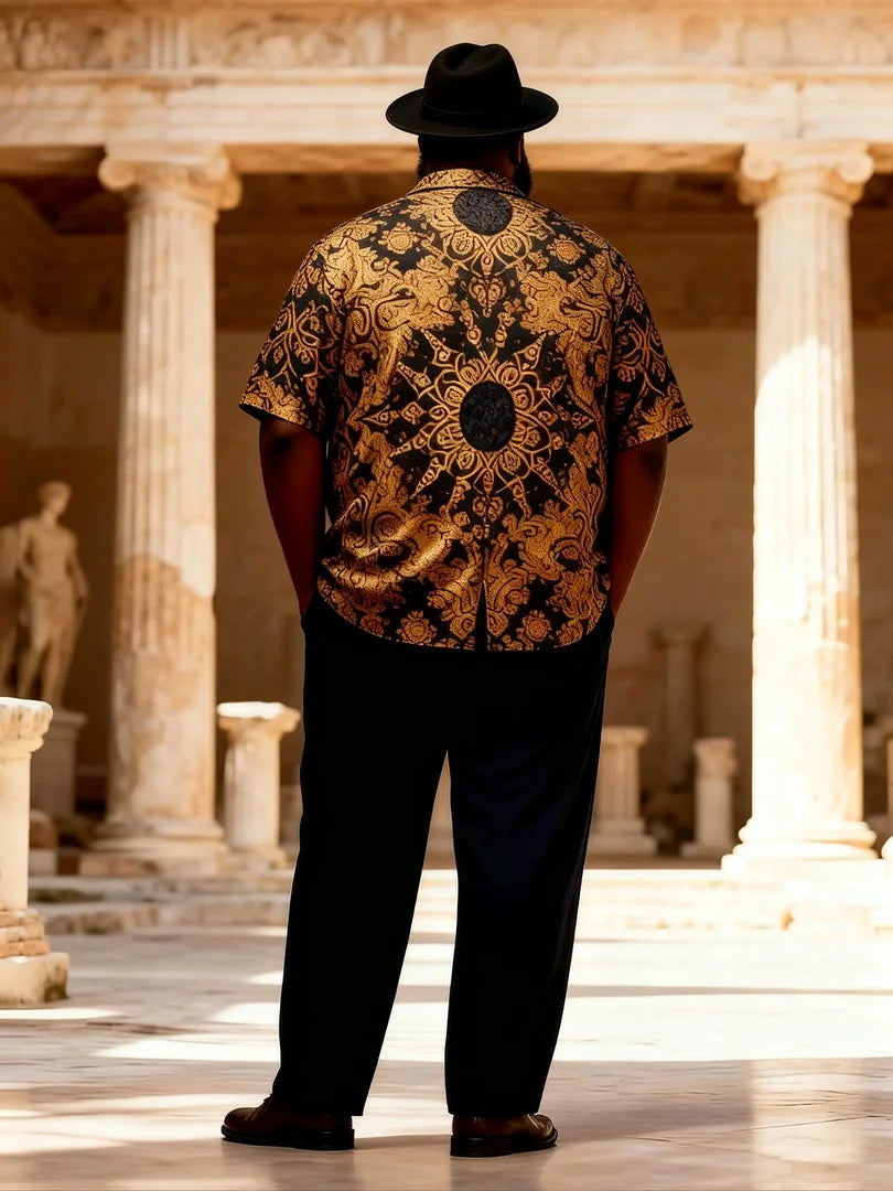 Big & Tall Men's Black And Gold Mandala Totem Print Short-Sleeve Shirt And Pants Set