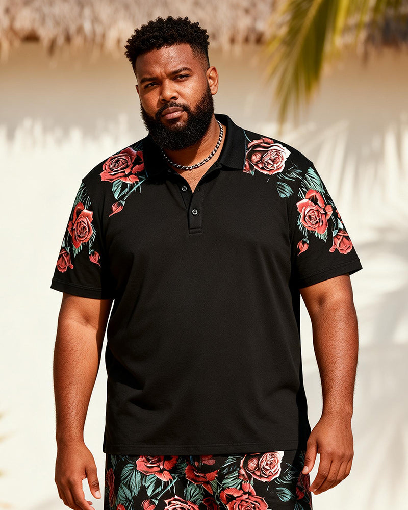 Big & Tall Men's Black Rose Floral Print Short Sleeve Polo Shirt