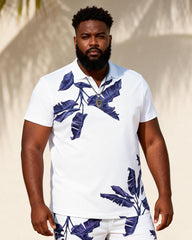 Big & Tall Men's White Blues Palm Leaf Print Short Sleeve Polo Shirt