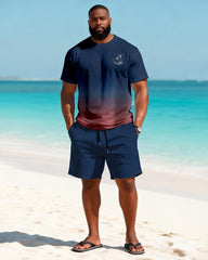 Big & Tall Men's Wine Red Gradient Coconut Printed Round Neck Short Sleeve T-shirt Shorts Set