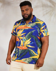 Big & Tall Men's Blue Bird Of Paradise Floral Print Short Sleeve Polo Shirt