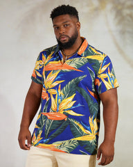 Big & Tall Men's Blue Bird Of Paradise Floral Print Short Sleeve Polo Shirt