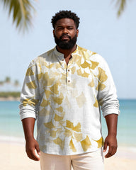Big & Tall Men's Ginkgo Biloba Printed Henry Collar Long Sleeve Shirt