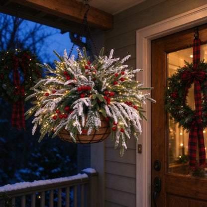 🎄🏆 Christmas Hot Sale! ✨ Pre-Lit Snowflake Pine & Red Berry Hanging Basket 🌿