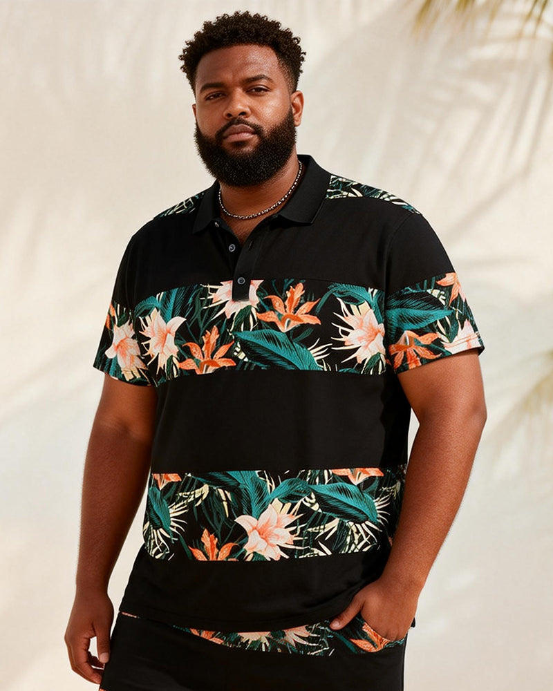 Big & Tall Men's Black Tropical Floral Patchwork Printed Short Sleeve Polo Shirt