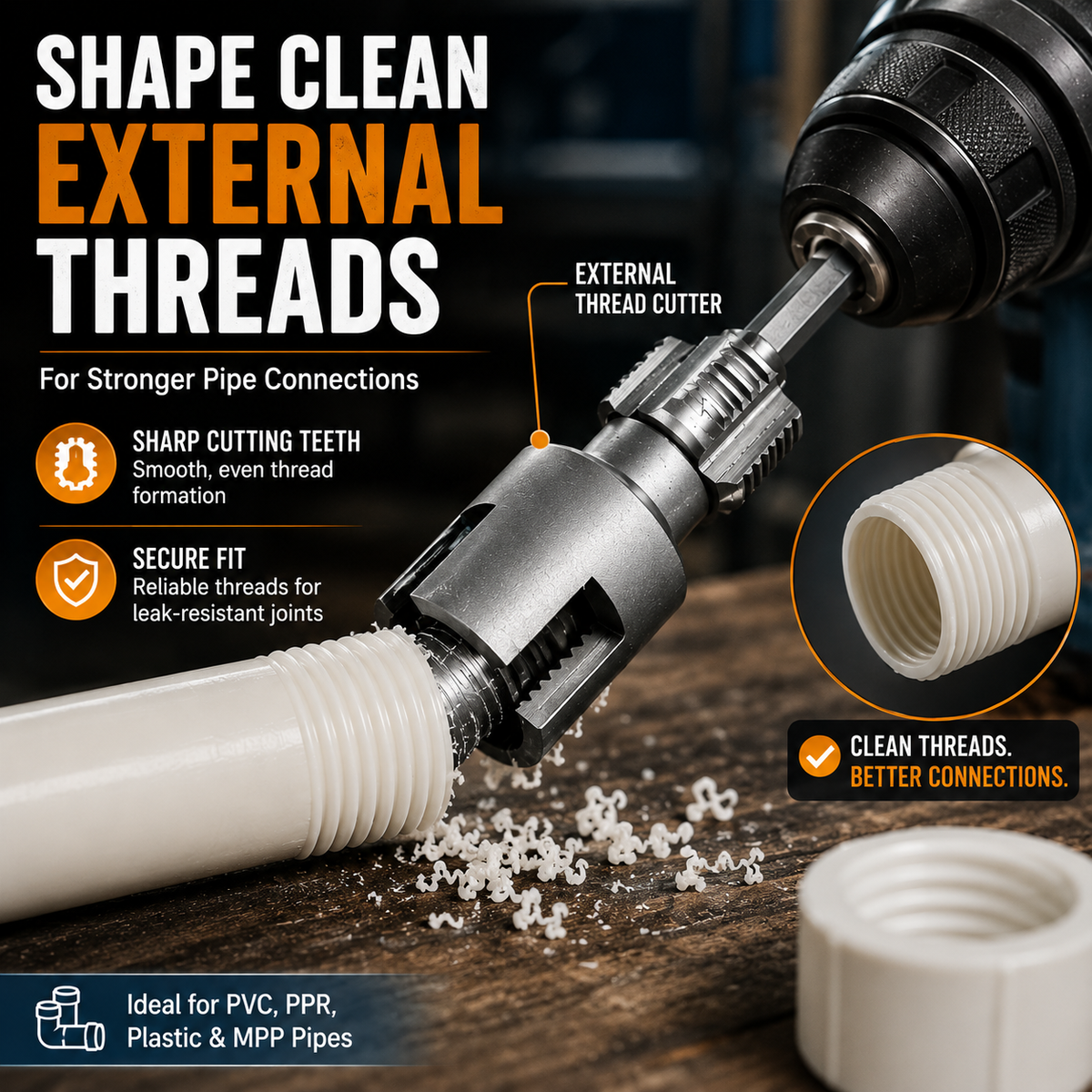 ⚡Drill-Powered Pipe Thread Cutting Bit — Internal & External Threading for 1/2' & 3/4' Plastic Pipes