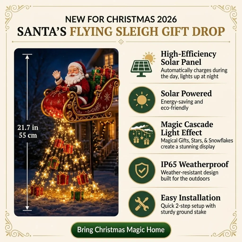🎅✨ 2026 New Santa’s Flying Sleigh Gift Cascade – Solar Christmas Garden Light