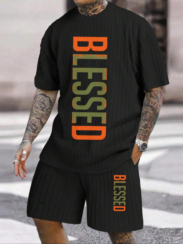 "BLESSED" Color Contrast Vertical Texture Pattern Large Size Casual Suit