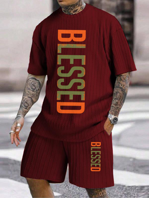 "BLESSED" Color Contrast Vertical Texture Pattern Large Size Casual Suit