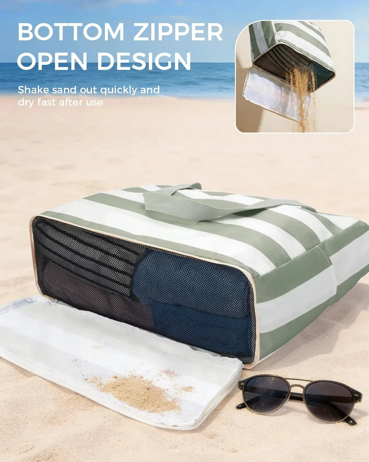 Large Mesh Beach Bag With40oz Tumbler Pocket AndZipper Closure