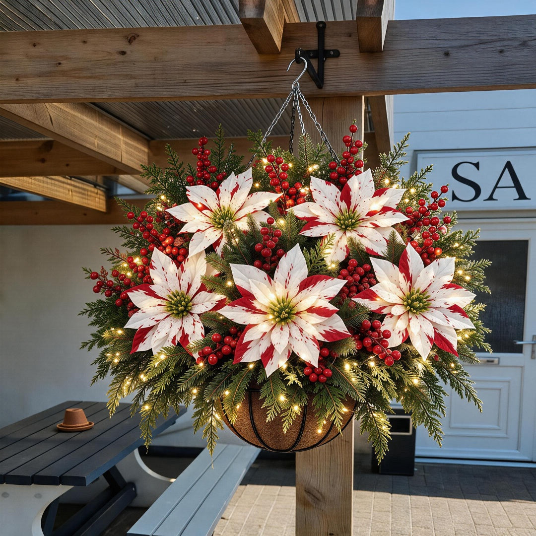 🎄🌺Christmas Hot Sale✨Pre-Lit Artificial Christmas Flowers Hanging Basket