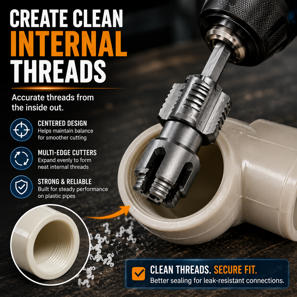 ⚡Drill-Powered Pipe Thread Cutting Bit — Internal & External Threading for 1/2' & 3/4' Plastic Pipes