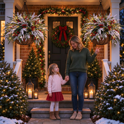 🎄🏆 Christmas Hot Sale! ✨ Pre-Lit Snowflake Pine & Red Berry Hanging Basket 🌿