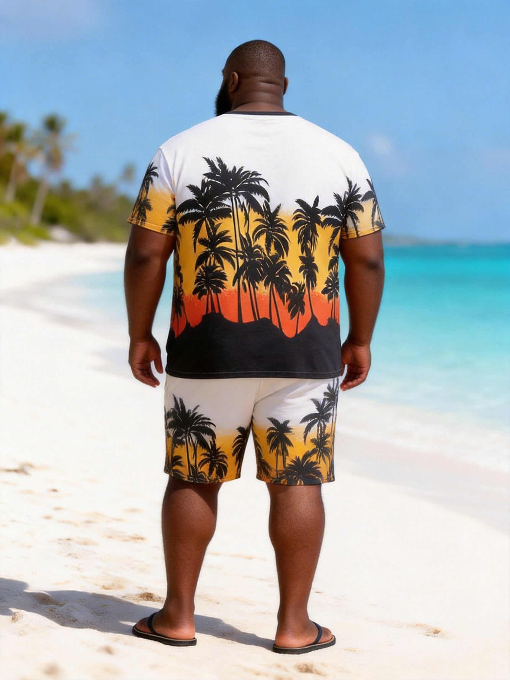 Big & Tall Men's Sunset Coconut Grove Gradient Print Crewneck Short Sleeve T-Shirt Shorts Set
