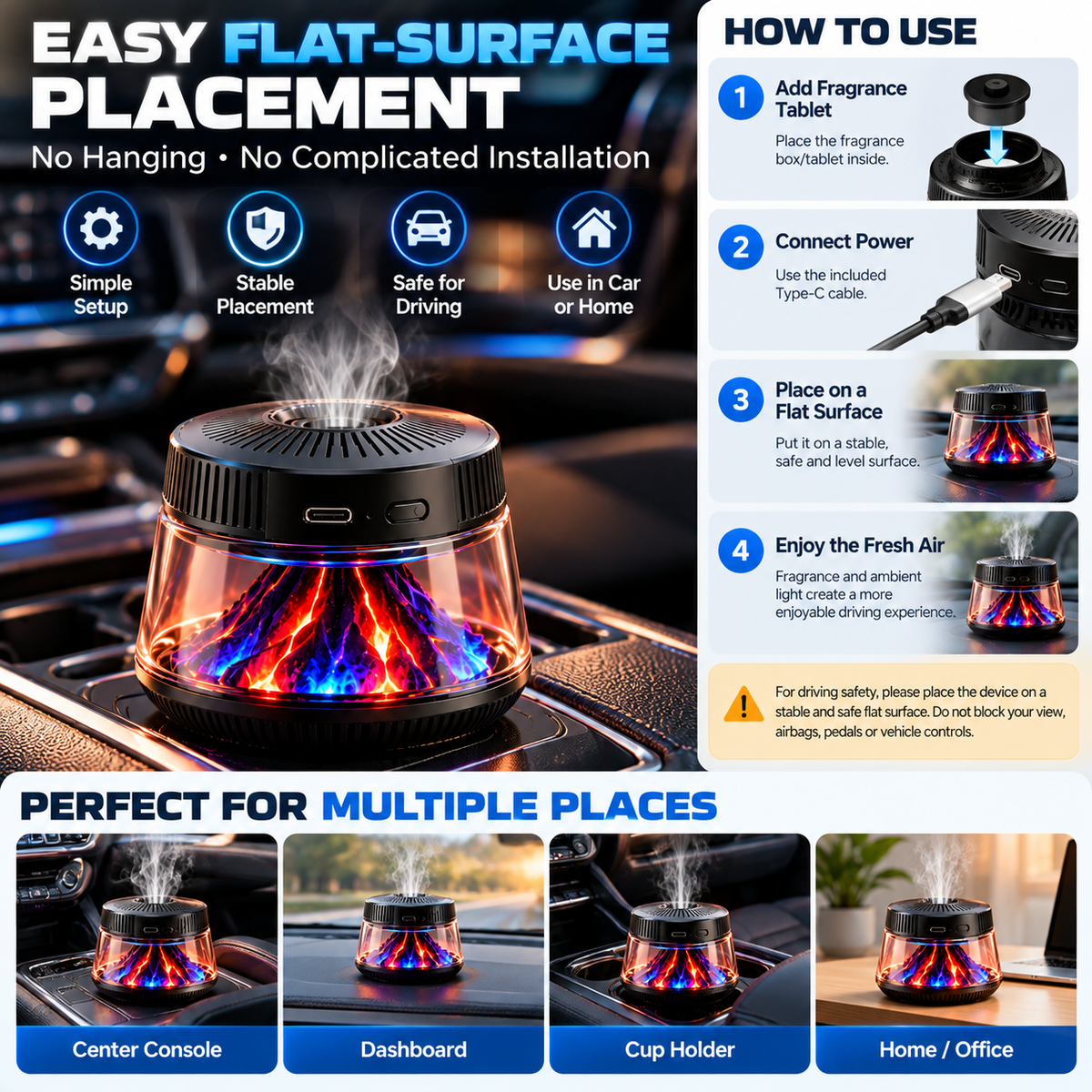 🌋 Volcano Flame Car Air Freshener – 6-Color Ambient Light, Adjustable Fragrance & Smart Auto Start/Stop