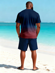 Big & Tall Men's Wine Red Gradient Coconut Printed Round Neck Short Sleeve T-shirt Shorts Set