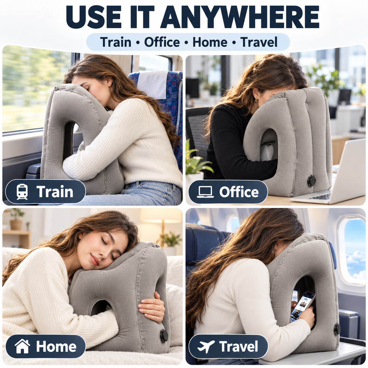💤 Multi-Angle Inflatable Sleep Pillow for Airplanes, Trains & Office Desks