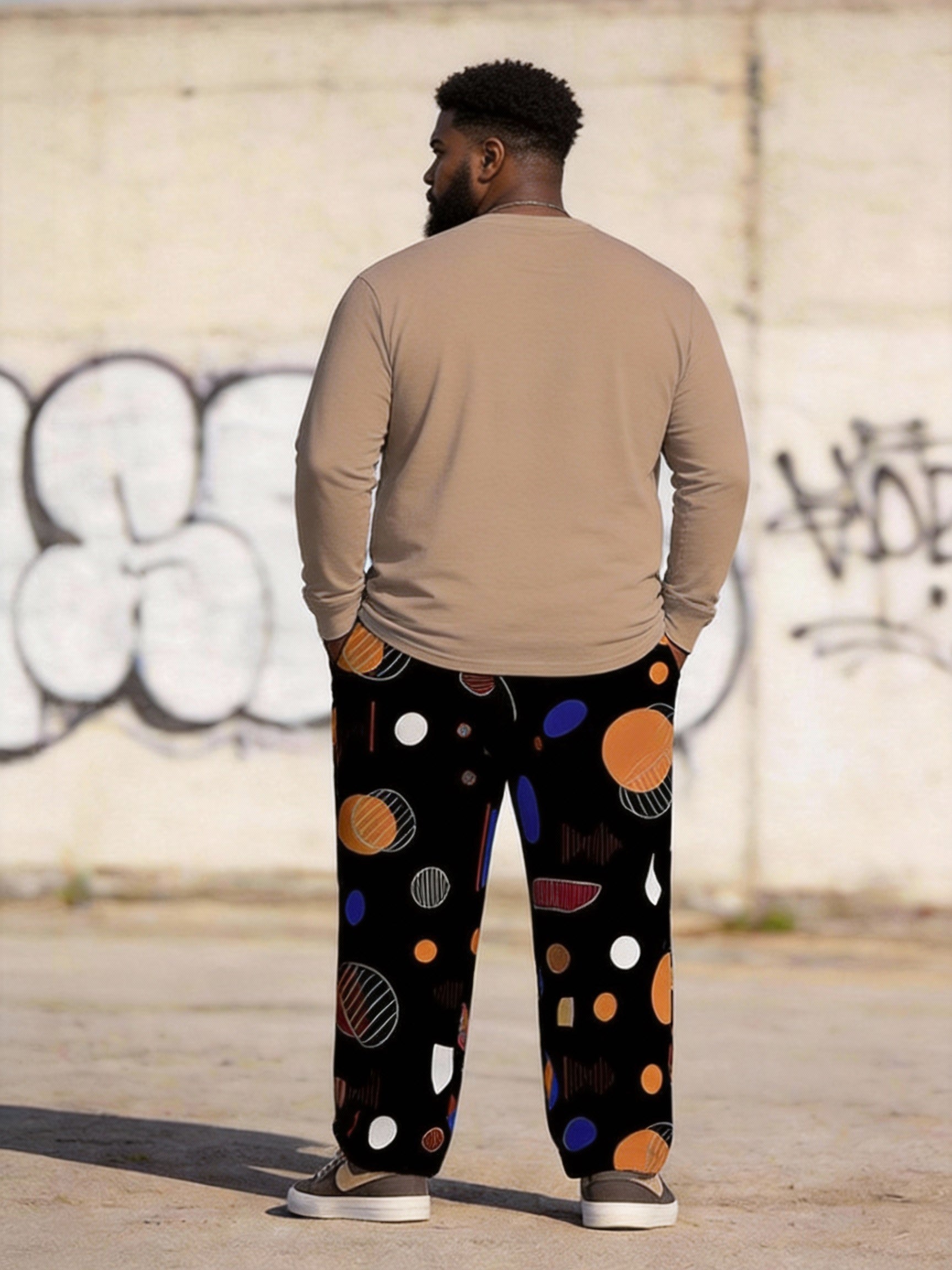 Big & Tall Men's African Art Figure Print Long Sleeve T-Shirt Pants Set