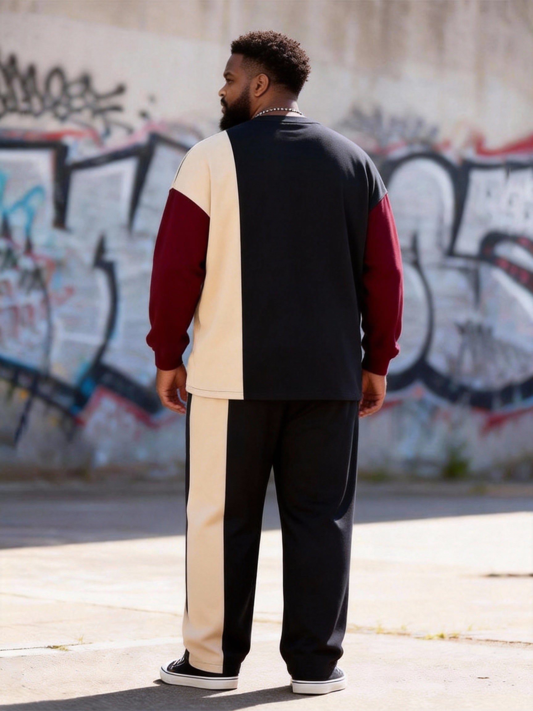 Big & Tall Men's Black Wine Red Color Block Rose Print Long Sleeve T-shirt Trousers Set
