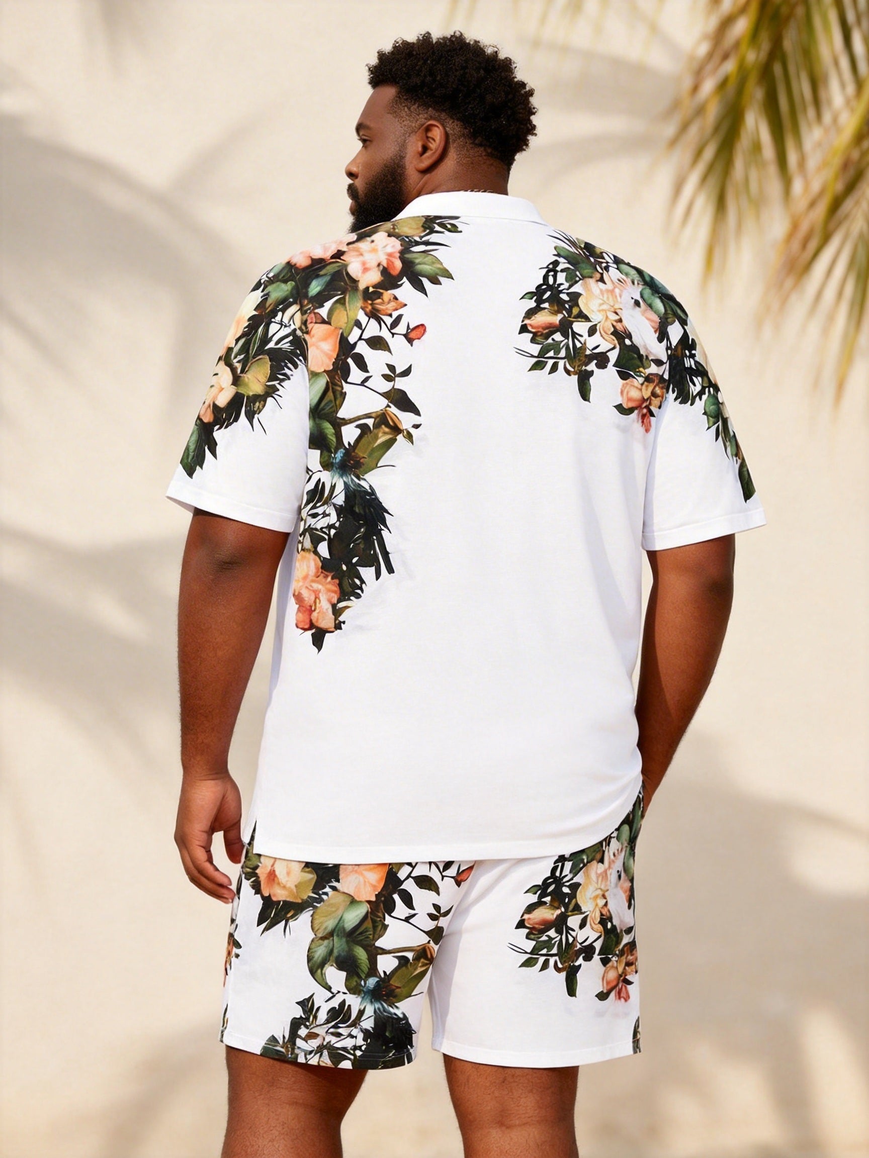 Big & Tall Men's White Bottom Rose Floral Print Short Sleeve Polo Shirt
