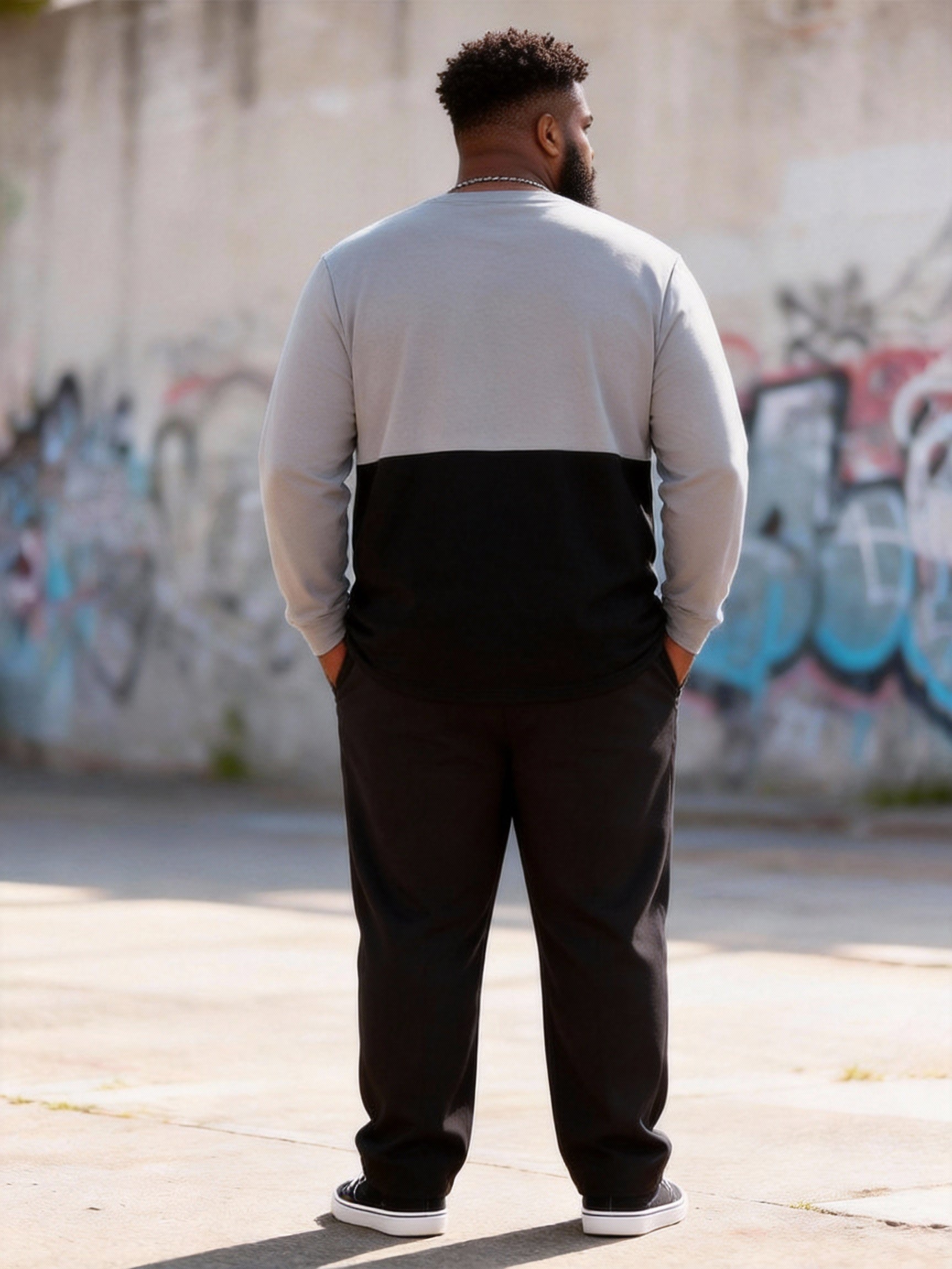 Big & Tall Men's Gray-black Contrast Handwritten Line Printed Long Sleeve T-shirt Trousers Set
