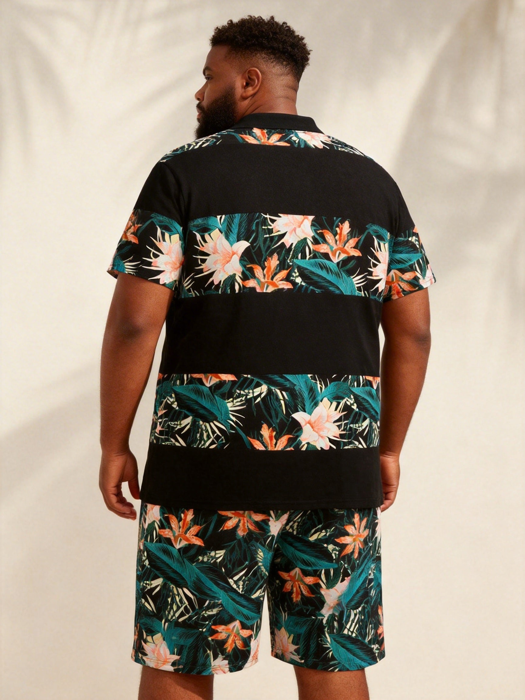 Big & Tall Men's Black Tropical Floral Patchwork Printed Short Sleeve Polo Shirt
