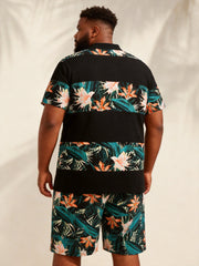 Big & Tall Men's Black Tropical Floral Patchwork Printed Short Sleeve Polo Shirt