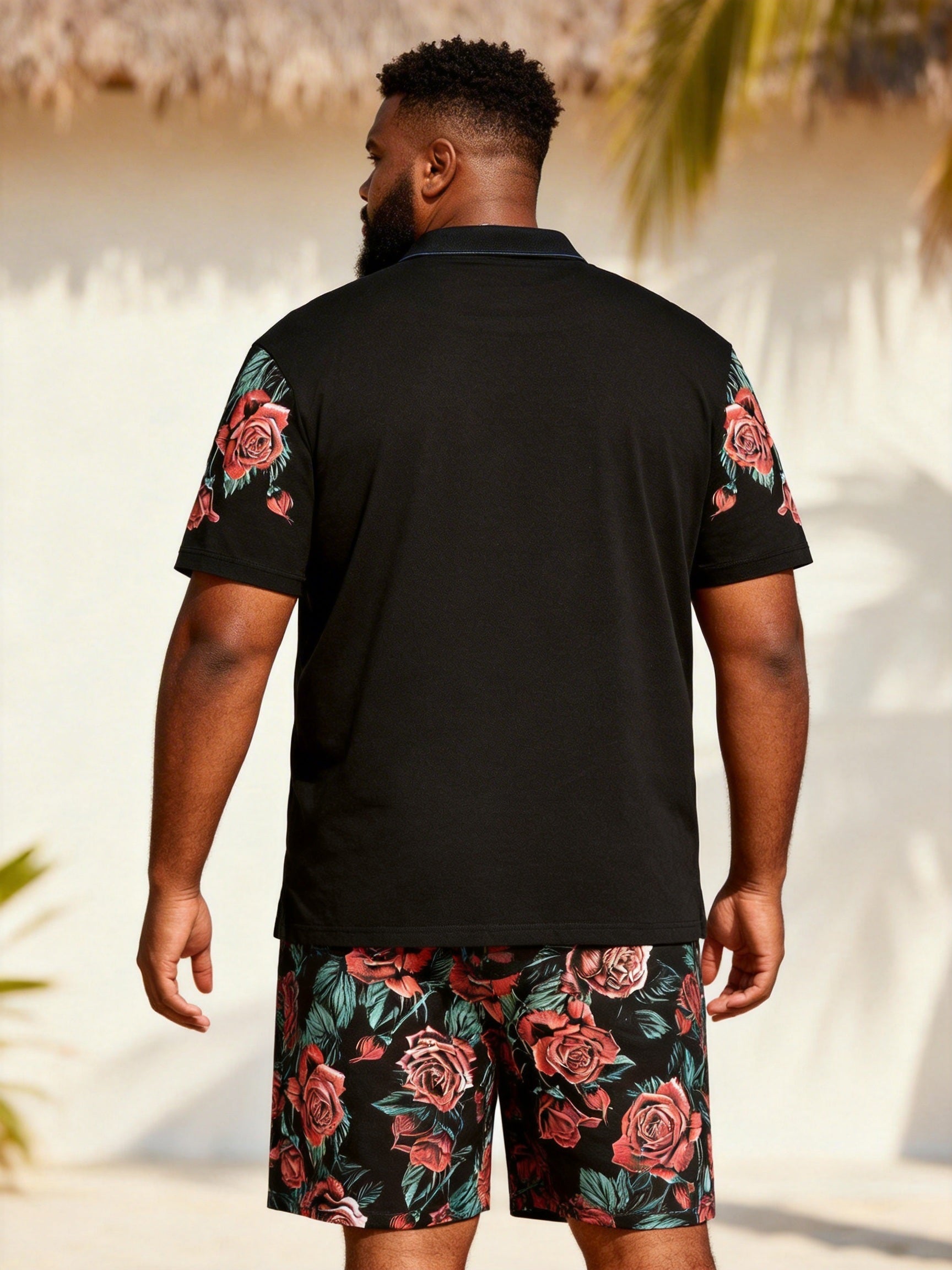 Big & Tall Men's Black Rose Floral Print Short Sleeve Polo Shirt