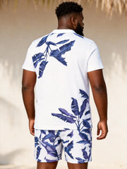 Big & Tall Men's White Blues Palm Leaf Print Short Sleeve Polo Shirt