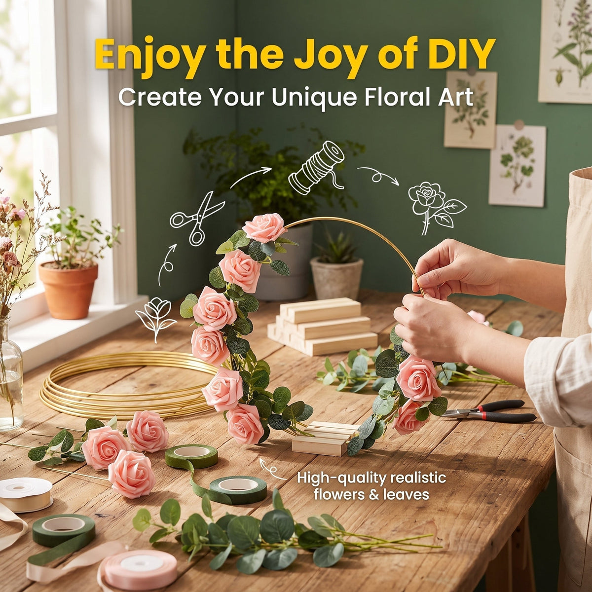 🌸 50% OFF! Gold Hoop Christmas Centerpiece with Wooden Stand & LED Lights – DIY Festive Table Decor