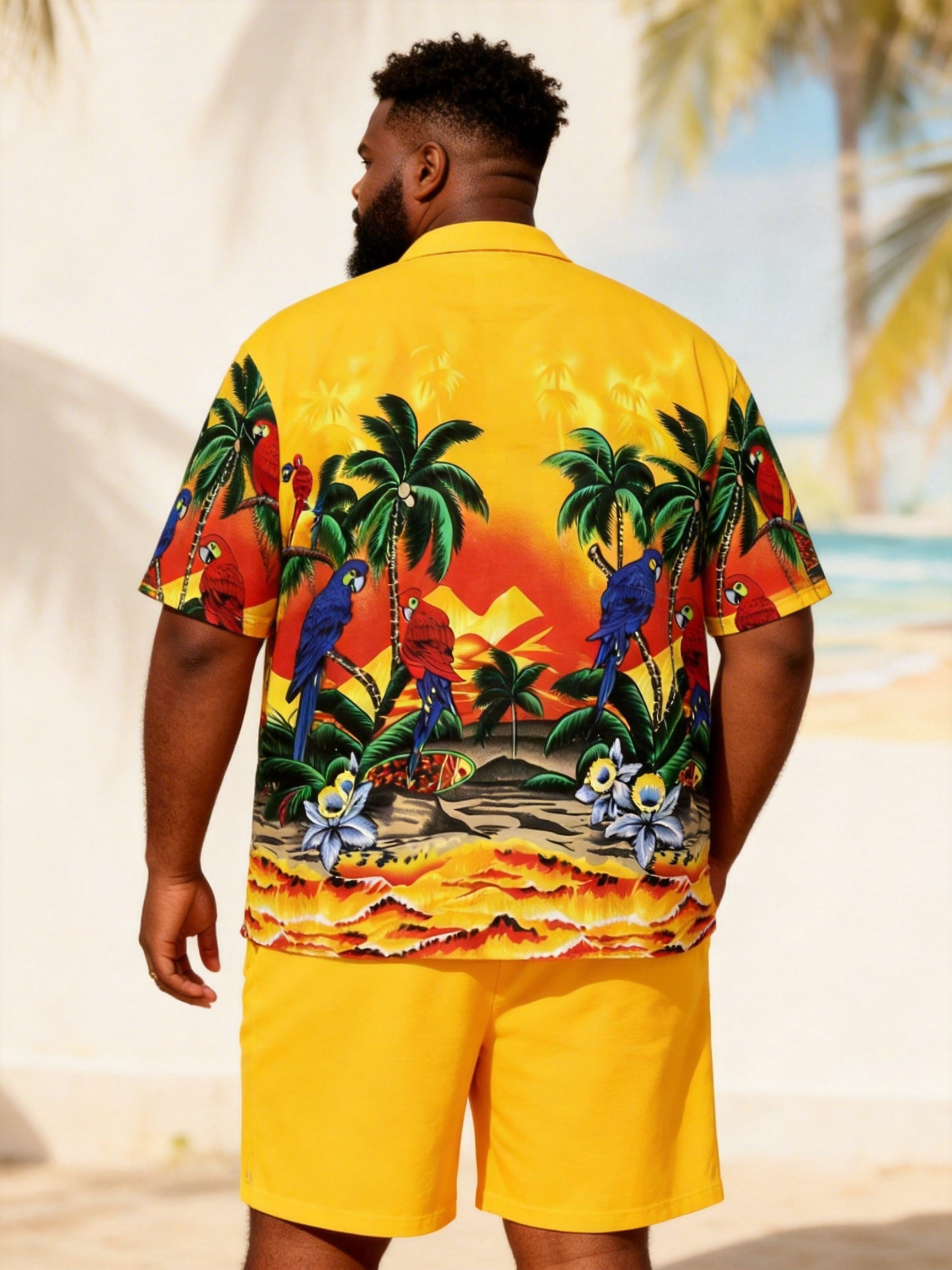 Big & Tall Men's Tropical Parrot Sunset Print Short-Sleeve Polo Shirt