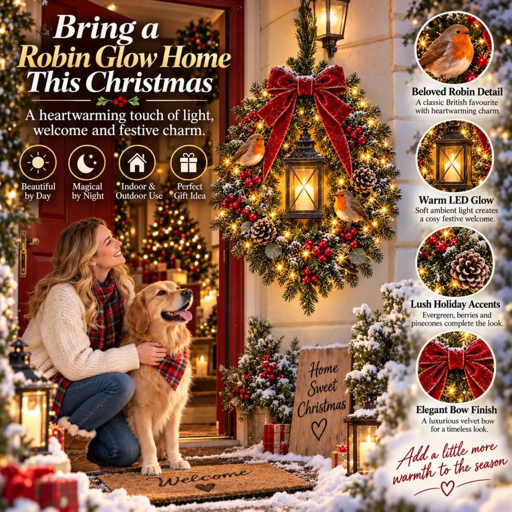 ✨Last Day 49% OFF✨🐦 A Robin Glow – Lighted Robin Christmas Wreath