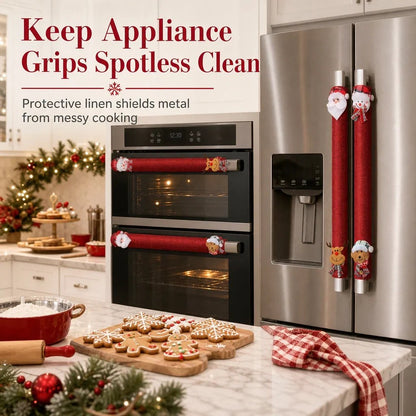 🎅🎄4PCS Plush Christmas Handle Covers – 40 cm Textured Linen Wraps with Snug Fastening for Fridges, Ovens, Dishwashers & Microwaves 🎁
