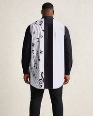 Men's Large Size Black, White Mosaic Music Pattern Print Long Sleeve Lapel Shirt