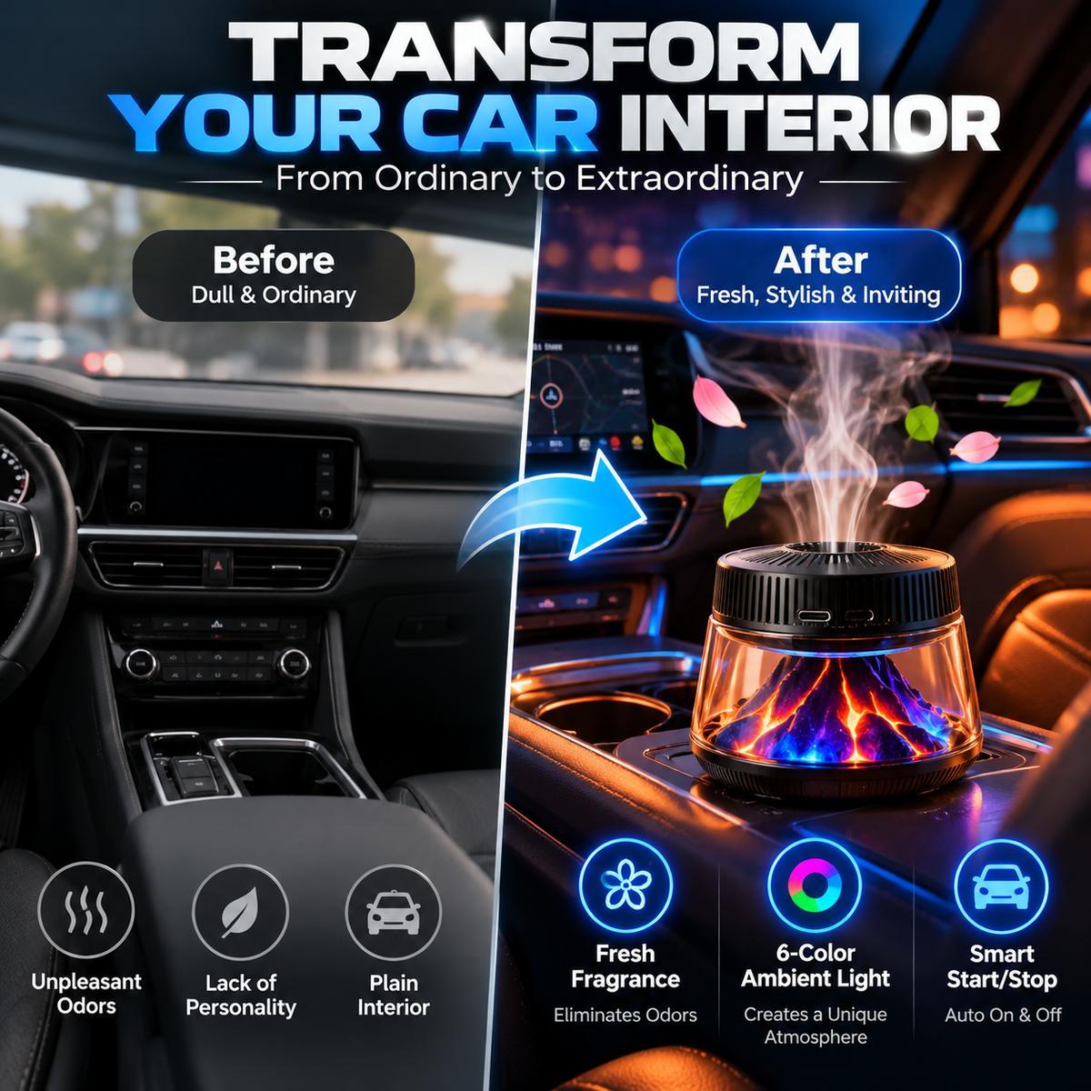 🌋 Volcano Flame Car Air Freshener – 6-Color Ambient Light, Adjustable Fragrance & Smart Auto Start/Stop