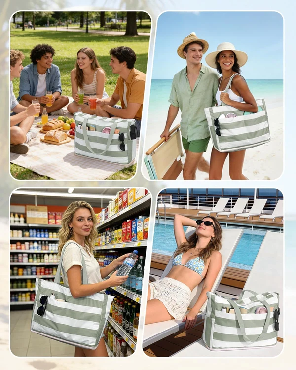 Large Mesh Beach Bag With40oz Tumbler Pocket AndZipper Closure