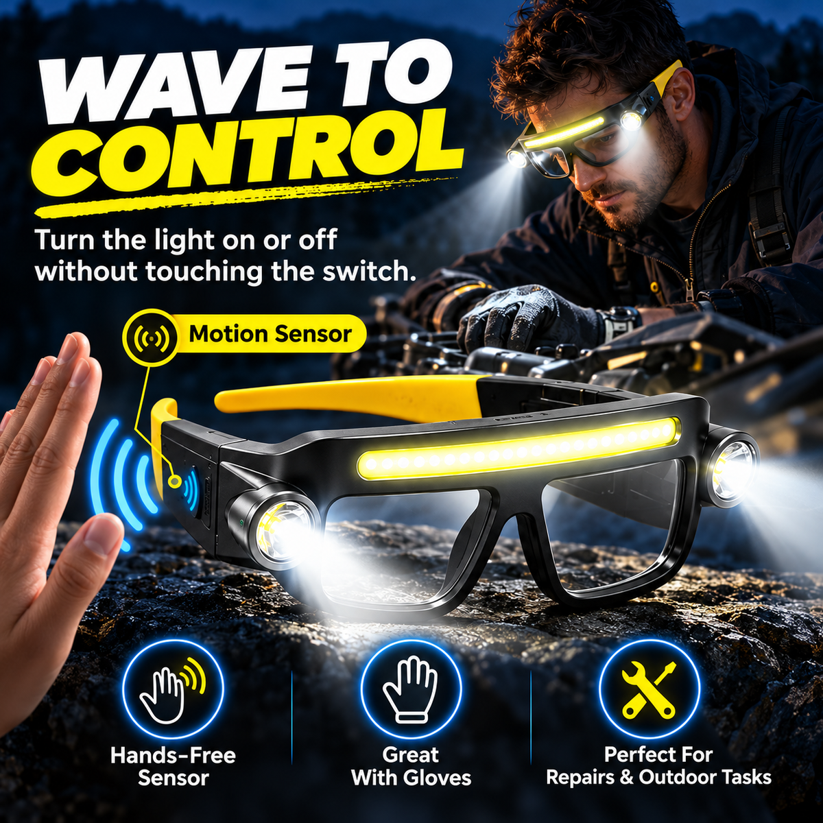 ⚡ Hands-Free LED Glasses Light ¡ª Wave Sensor, 40 COB + Dual Spotlights, Type-C Rechargeable