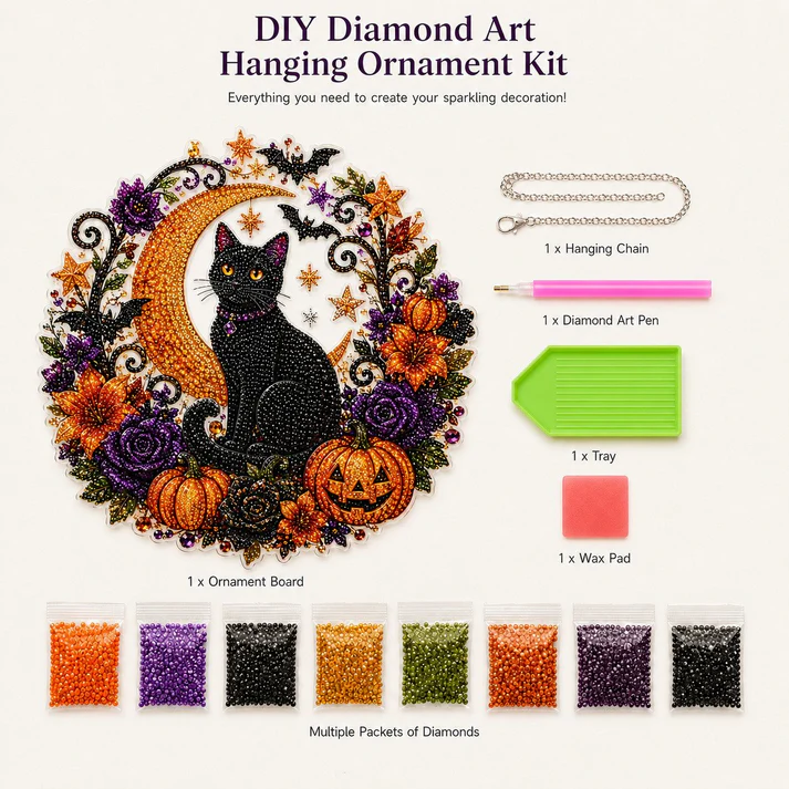 🔥Halloween Early Bird Sale🎃Halloween Black Cat Moon Diamond Art Hanging Ornament Kit