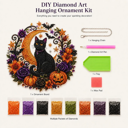 🔥Halloween Early Bird Sale🎃Halloween Black Cat Moon Diamond Art Hanging Ornament Kit