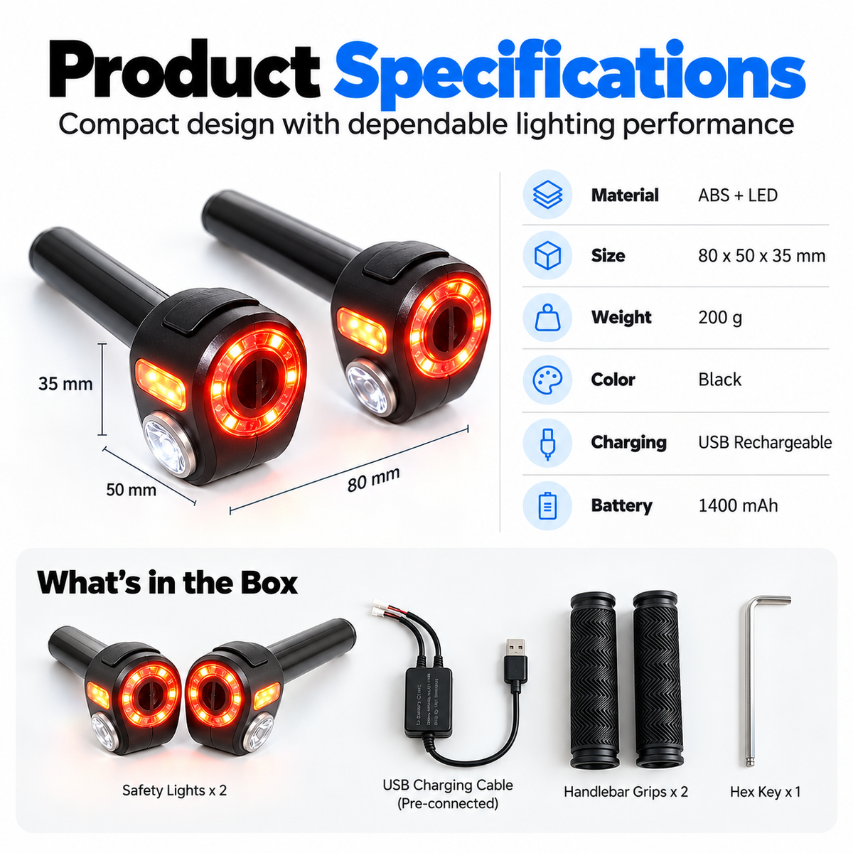 🚴(A pair) Dual-Direction Handlebar Safety Lights – USB Rechargeable Front & Rear Bike Lights with Hidden Bar-End Installation