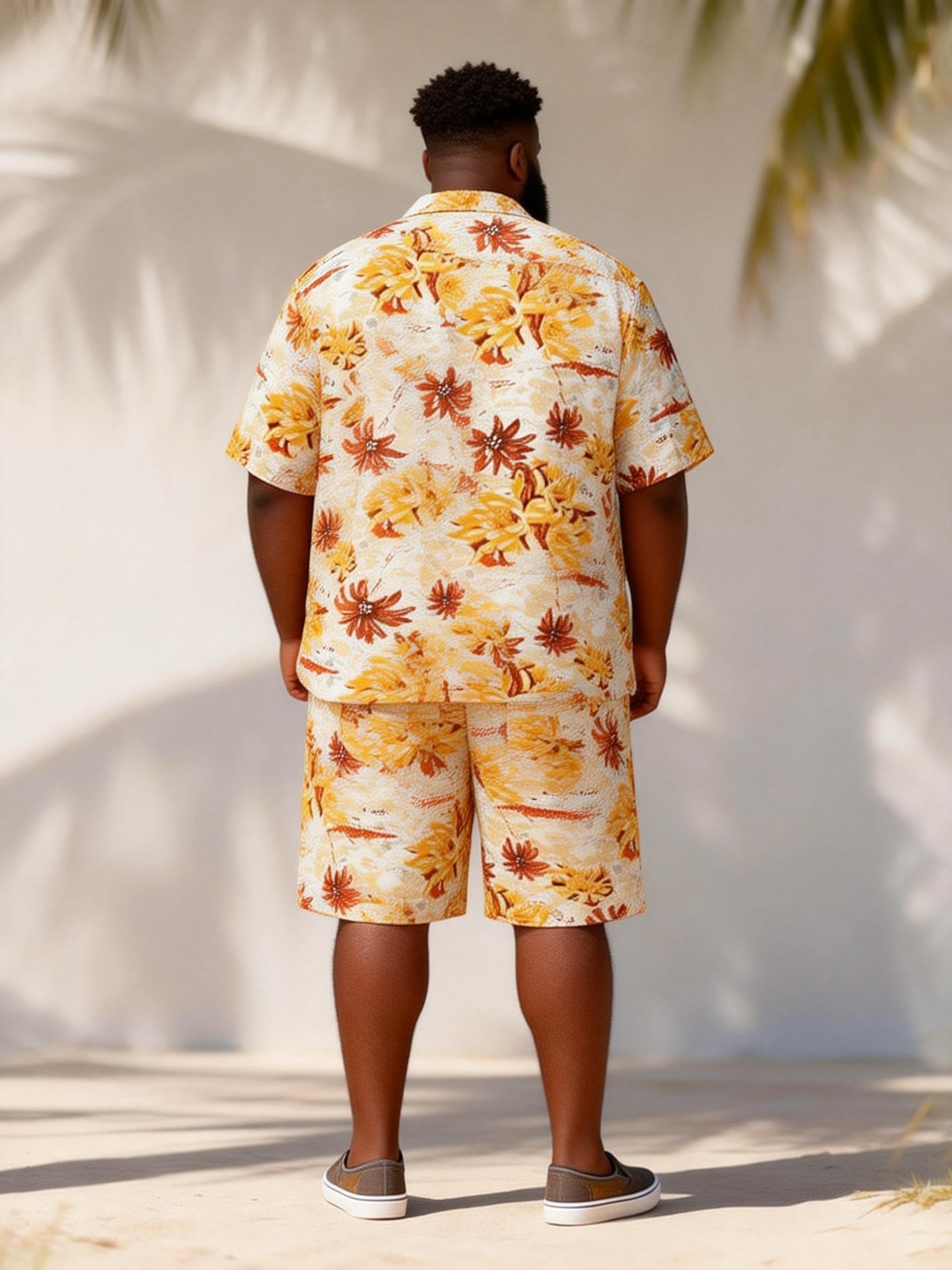 Big & Tall Men's Warm Autumn Leaf Printed Short Sleeve Shirt And Shorts Set
