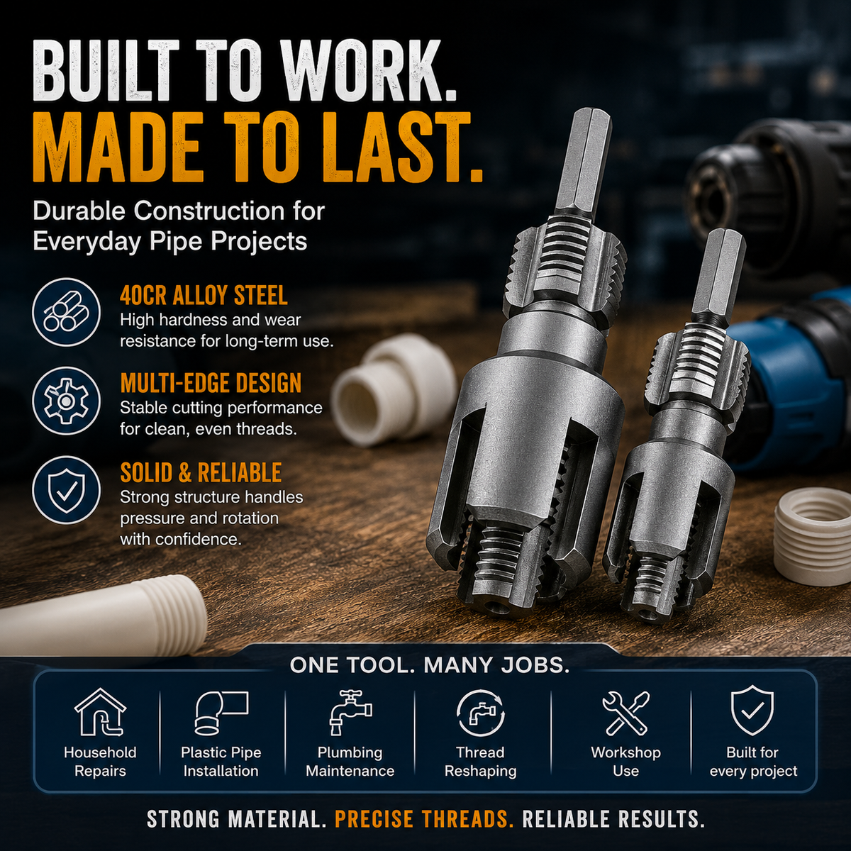 ⚡Drill-Powered Pipe Thread Cutting Bit — Internal & External Threading for 1/2' & 3/4' Plastic Pipes