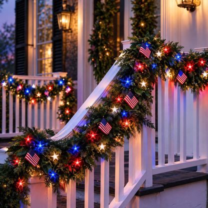 🏆Patriotic Christmas Garland with Star Lights-⭐Light Up Your American Christmas