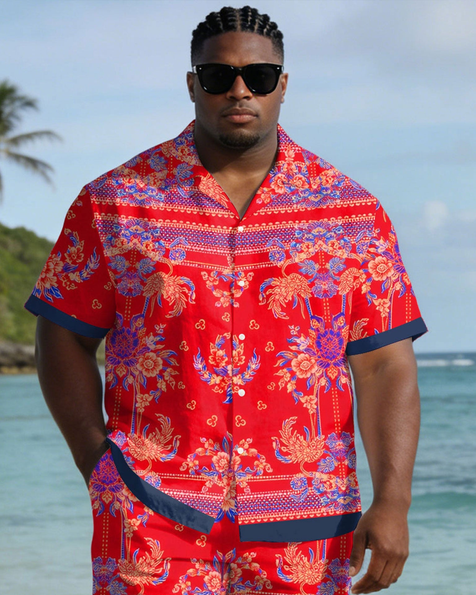 Men's Large Size Red Paisley Short Sleeve Shirt Shorts Set