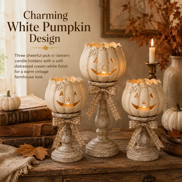 🔥Halloween Early Bird Sale🎃Harvest Glow White Pumpkin Pedestal Tealight Holders - Set of 3