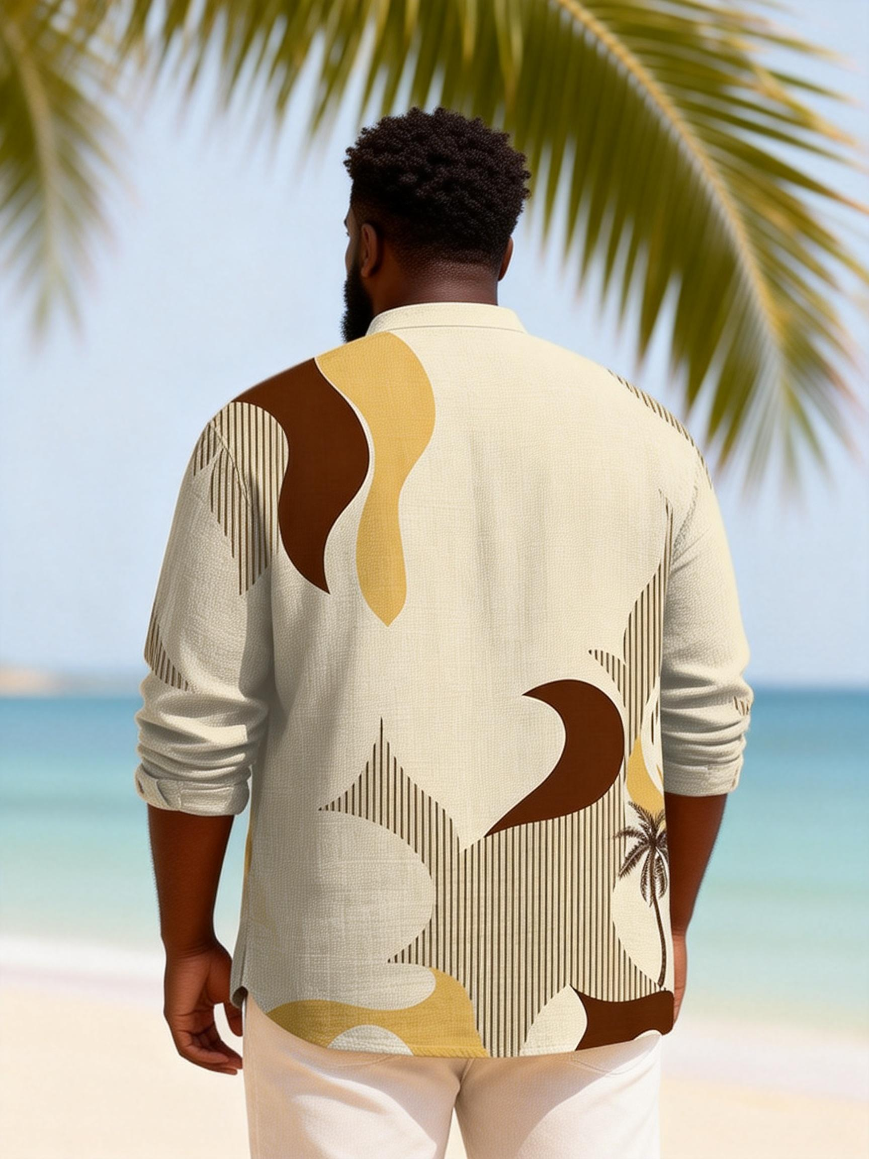 Big & Tall Men's Palm Tree Stripe Contrast Printed Henry Collar Long Sleeve Shirt