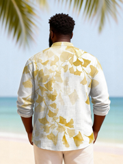 Big & Tall Men's Ginkgo Biloba Printed Henry Collar Long Sleeve Shirt