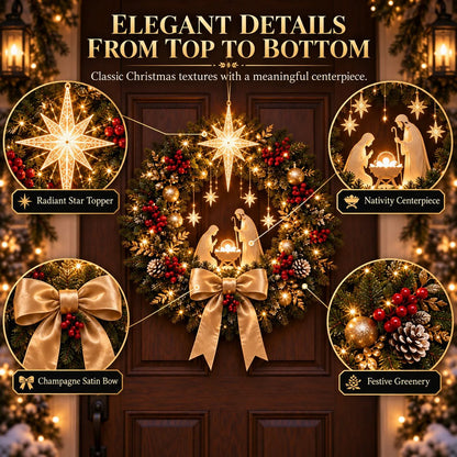 🔥HOT SALE🔥 49% OFF✨ Lighted Nativity Christmas Wreath – Bethlehem Star Front Door Decor🎄